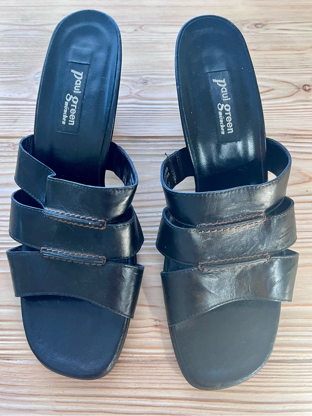 Paul Green Black Leather Slide Heels Mules US 10.5